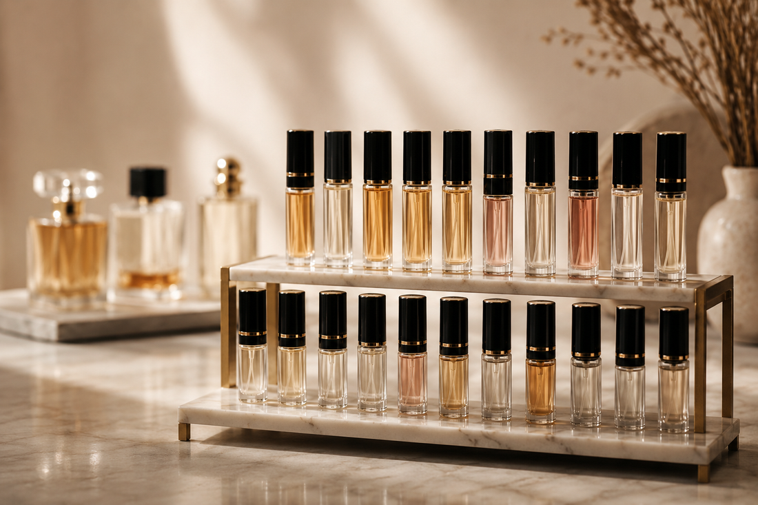 Curated perfume decants displayed on a marble shelf in a micro fragrance collection