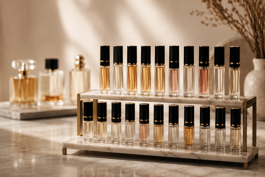 Curated perfume decants displayed on a marble shelf in a micro fragrance collection
