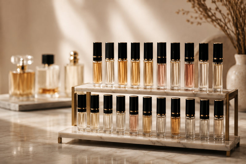 Curated perfume decants displayed on a marble shelf in a micro fragrance collection